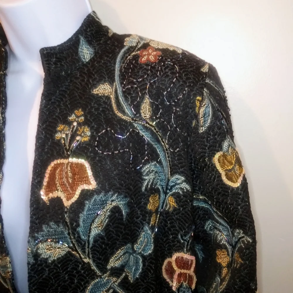 Indigo Moon Boho Beaded & Sequinned Black/Multi Long Floral Brocade Coat - Picture 4 of 12